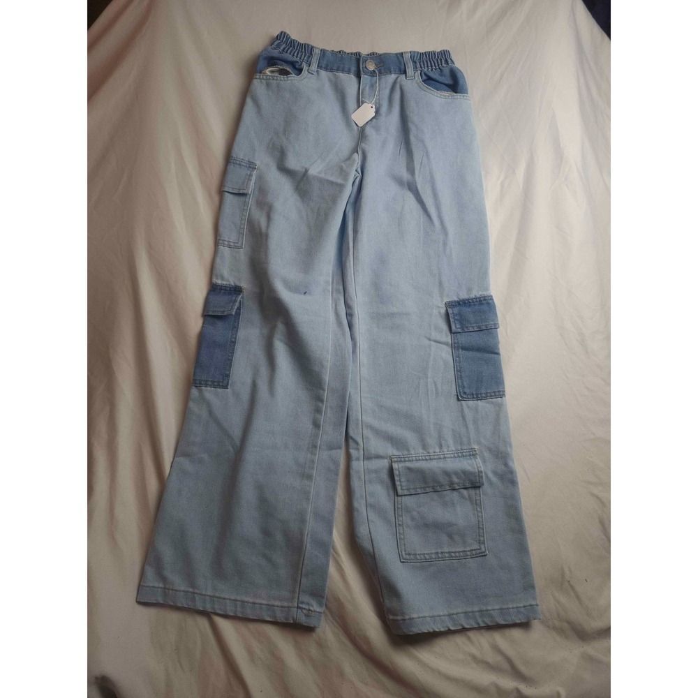 Justice Cargo Jeans Girls 18 Blue Light Wash Denim Elastic Waist Wide Leg NWT